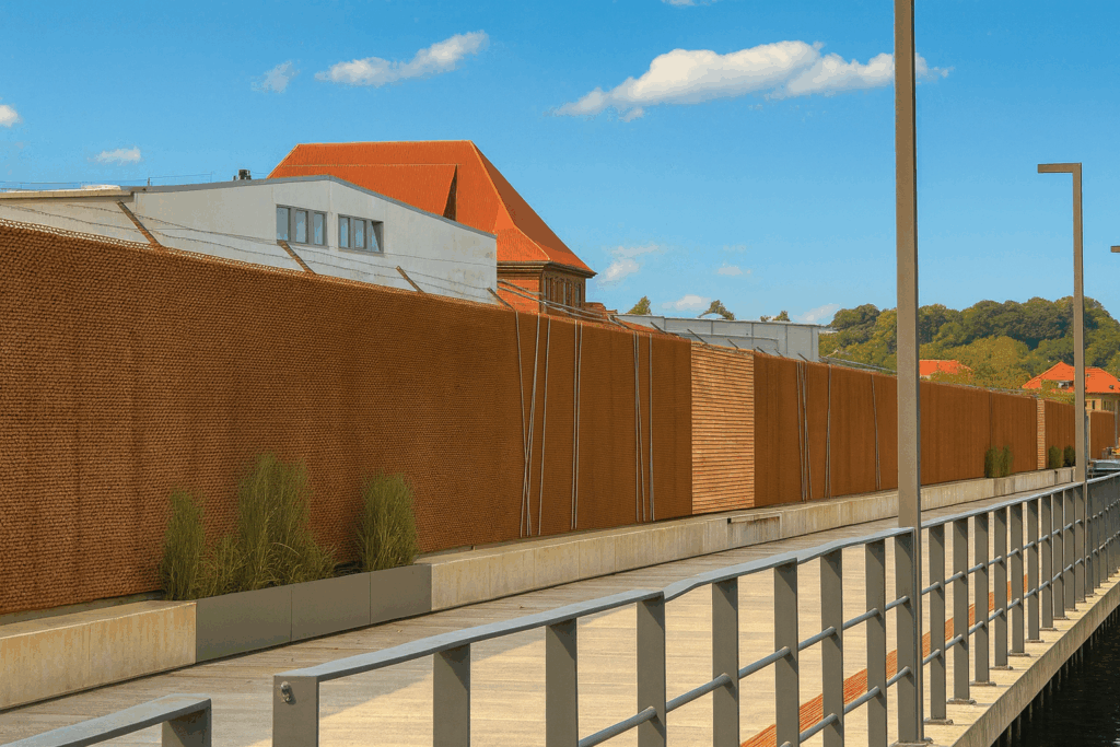 Industrielle Uferpromenade bei Sonnenschein